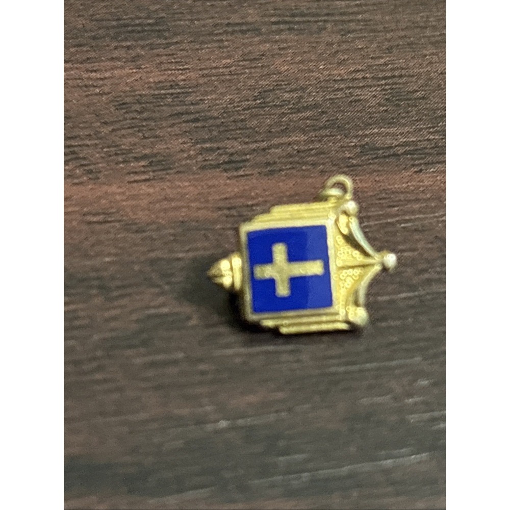 Vintage Gold Toned Blue Enameled Central Religious Cross Shield Pin